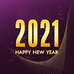 Happy new 2021 year Elegant gold text with light. Minimalistic text template. Christmas and New Year 2021 greeting cards with New Year wishes