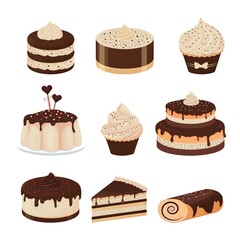 Set of detailed desserts glazed with chocolate cupcake, cheesecake, pudding, cake isolated on white background. Delicious collection clipart, design element.