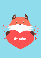 The fox holds the heart. Valentine's Day card. Vector graphics.