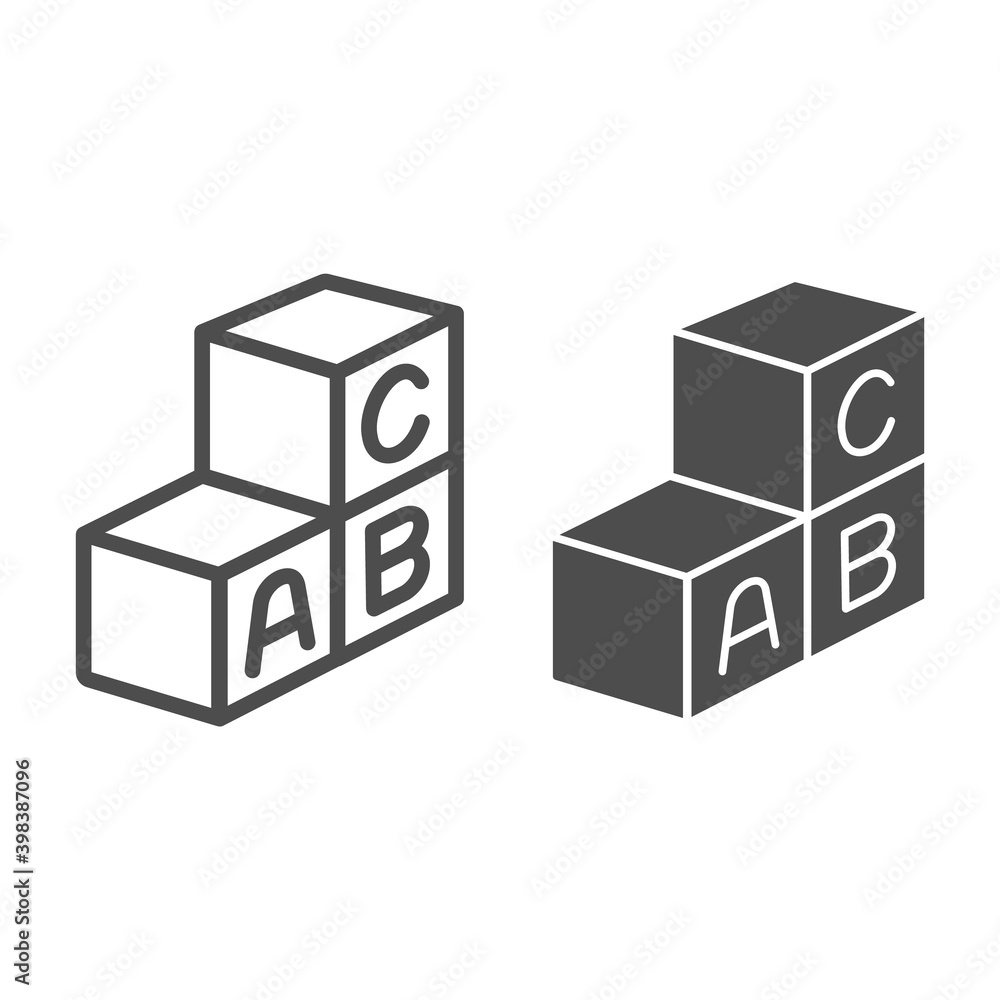Poster cubes with first letters of alphabet line and solid icon, kid toys concept, abc cubes sign on white 