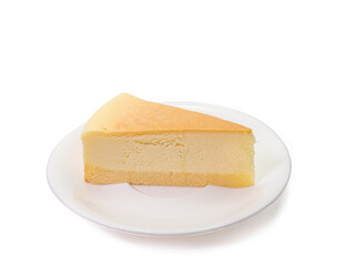 The close up of sliced yummy cheesecake bakery sweet dessert isolated on white background.