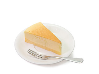 The close up of sliced yummy cheesecake bakery sweet dessert isolated on white background.
