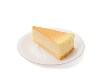 The close up of sliced yummy cheesecake bakery sweet dessert isolated on white background.
