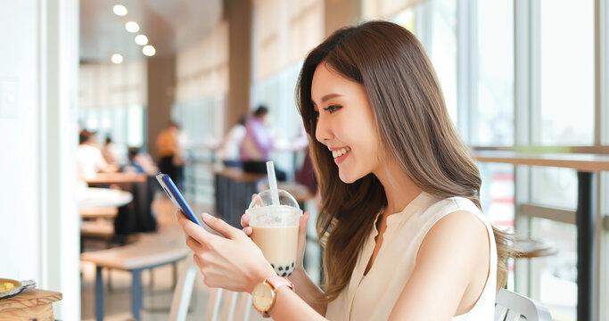 Asian Woman Drink Bubble Tea