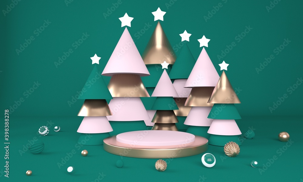 Poster christmas background with christmas tree and stage for product display. 3d rendering.