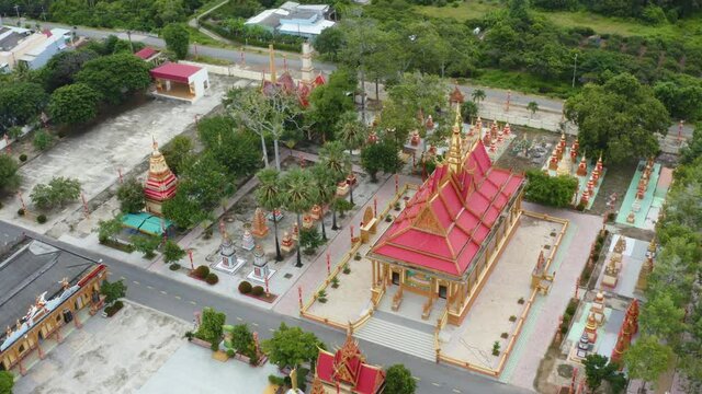 Aerial view of Xiem Can pagoda, Bac Lieu province, Vietnam. It is an ancient Khmer temple attracts tourists in Bac Lieu. Travel and religion concept.