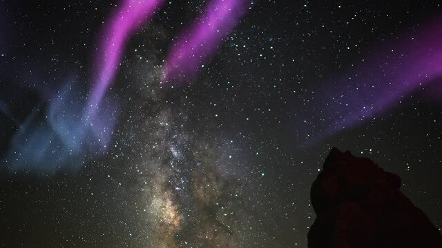 Aurora Milky Way Galaxy Time Lapse Above Rock
