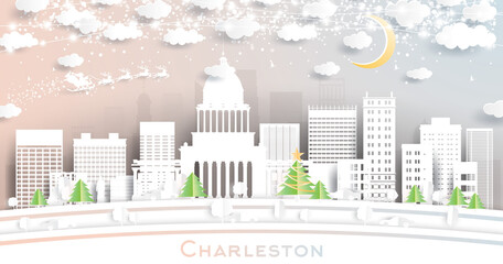 Charleston West Virginia USA City Skyline in Paper Cut Style with Snowflakes, Moon and Neon Garland.