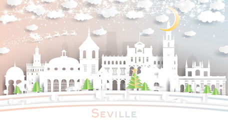 Fototapeta premium Seville Spain City Skyline in Paper Cut Style with Snowflakes, Moon and Neon Garland.