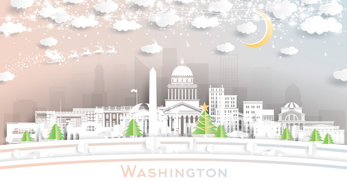 Washington DC USA City Skyline in Paper Cut Style with Snowflakes, Moon and Neon Garland.