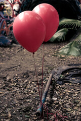 Vibrant red balloons tied to a rusty pipe in a California Sewer. Graffiti lines the walls in the background.