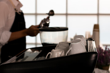 Young male Bartender in cafe restaurant. Smiling young waitress or small cafe business owner entrepreneur looking at camera, wear apron posing in restaurant coffeeshop. Barista making cappuccino.