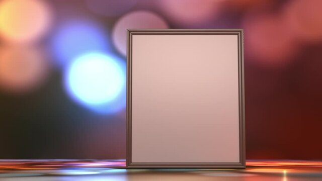 Camera pans between two frames with a blank canvas for text set on a table in lights of colored rays against a bokeh background. Mock up. 3D animation. Ring video
