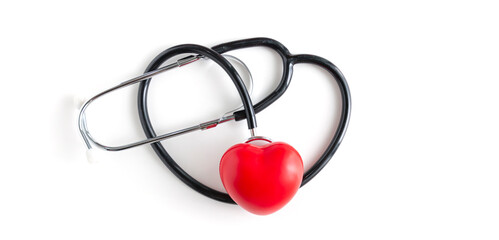 Red heart and a stethoscope on white background. Medical stethoscope and red heart on white background. Healthy Living Concept. Healthcare and Medicine concept.