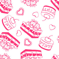 Seamless pattern with cake. Hand drawn sweets doodle. Vector illustration. Perfect for greetings, invitations, manufacture wrapping paper, textile and web design