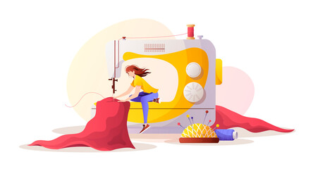 Woman with sewing machine. Cloth, pincushion, threads. Seamstress, sewing workshop or courses, tailoring, needlework, handicraft concept. Vector illustration for banner, advertising, poster.
