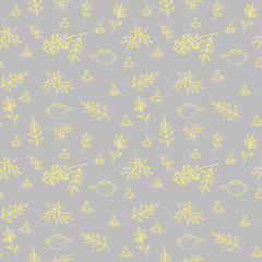 Fototapeta na wymiar teapot, cup, leaves seamless pattern, wallpaper. sketch hand drawn doodle. vector minimalism. cozy background in trending colors of 2021.
