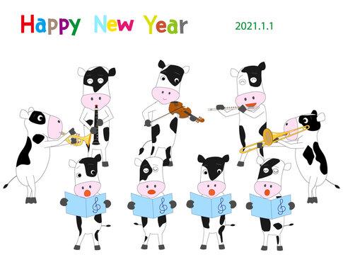 令和三年の新年を祝ってコンサートを開催している牛たち。