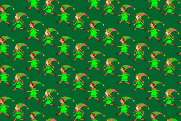 Vector Seamless pattern with running Christmas elves. New year Xmas hand drawn backgrounds and textures. For greeting cards, wrapping paper, packaging, textile, fabric, prints