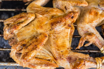 Grilled chicken the favorite food at roadside in Thailand.
