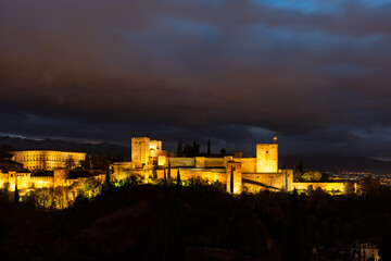 panoramic view of the Alhambra in Granada, Spain - blue hour