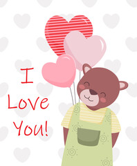 Greeting card with a cute bear and balloons in the form of hearts. Vector illustration is perfect for decoration for Valentine's day. Hand drawn