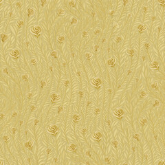 Golden colored oil painting floral seamless pattern. Hand drawn twigs with rose flowers and leaves on textured background. luxurious design template for wallpaper, wrapping, textile, ceramics.