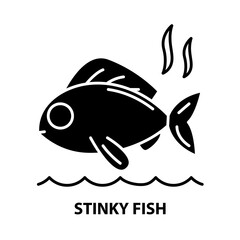 stinky fish icon, black vector sign with editable strokes, concept illustration - obrazy, fototapety, plakaty