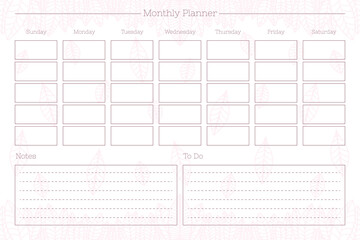 monthly personal planner diary template. Monthly calendar individual schedule minimalist design for private and business notebook. Week starts on sunday.