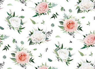 Materiał do szycia Vector watercolor style floral bouquet seamless pattern on white background. Blush peach, dusty pink, ivory Rose flowers, Eucalyptus greenery, berries, green leaves. Delicate, elegant, isolated design