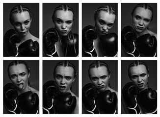 set of portrait of glamour female boxer looking at the camera. fashion sexy gorgeous woman model in...