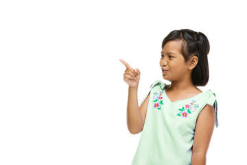 Asian cute girl presenting something on hand over white background