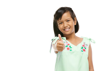 Asian cute girl presenting something on hand over white background