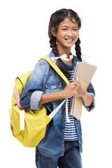 An Asian schoolgirl and her stationery posing on a white background.