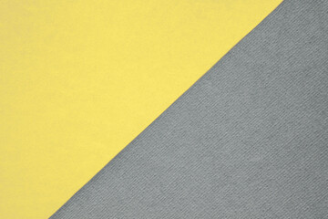 Textured and plain paper sheets divided diagonally creating line partition. Trendy pastel colored yellow and neutral gray abstract duo tone background design. Year color concept 