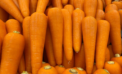 closeup fresh carrots in the supermarket