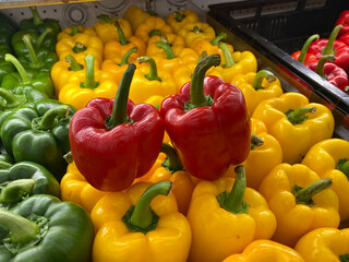 close up colorful fresh bell pepper in the shop