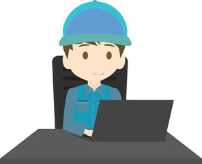 パソコンで作業する整備士のイラスト