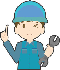 指差しをするスパナを持った整備士のイラスト