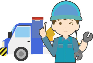 レッカー車と指差しする整備士のイラスト