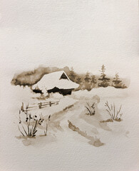 House in a field covered with snow. Winter landscape. Traditional Japanese Sumi-e ink painting. Illustration.