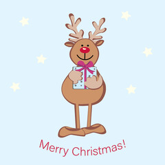 Christmas card with deer holding a gift, flat design, clip art style, vector illustration.