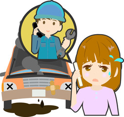 車が故障して整備士に電話をかける女性のイラスト