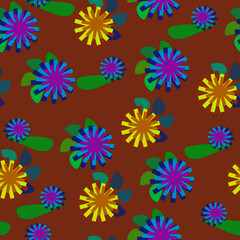 Seamless pattern of Abstract blue and yellow flowers on a dark yellow background for textile.