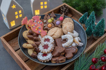 Traditional home made German Christmas Cookies on a festive table