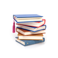 Stack of books in colour covers with white sheets isolated on a white background