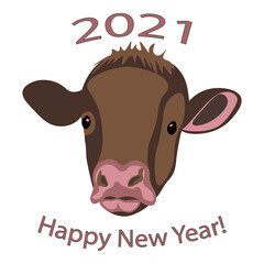 Young bull and new year wishes, symbol of the 2021 year,  flat design, isolated sticker or print, vector illustration.  