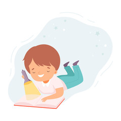 Little Boy Reading Book, Cute Kid Lying on Floor and Reading Using Flashlight, Education and Imagination Concept Cartoon Style Vector Illustration