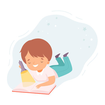 Little Boy Reading Book, Cute Kid Lying on Floor and Reading Using Flashlight, Education and Imagination Concept Cartoon Style Vector Illustration