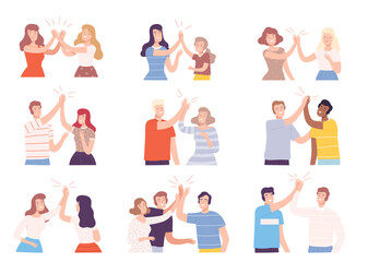 Happy People Characters Giving High Five to Each Other Vector Illustration Set
